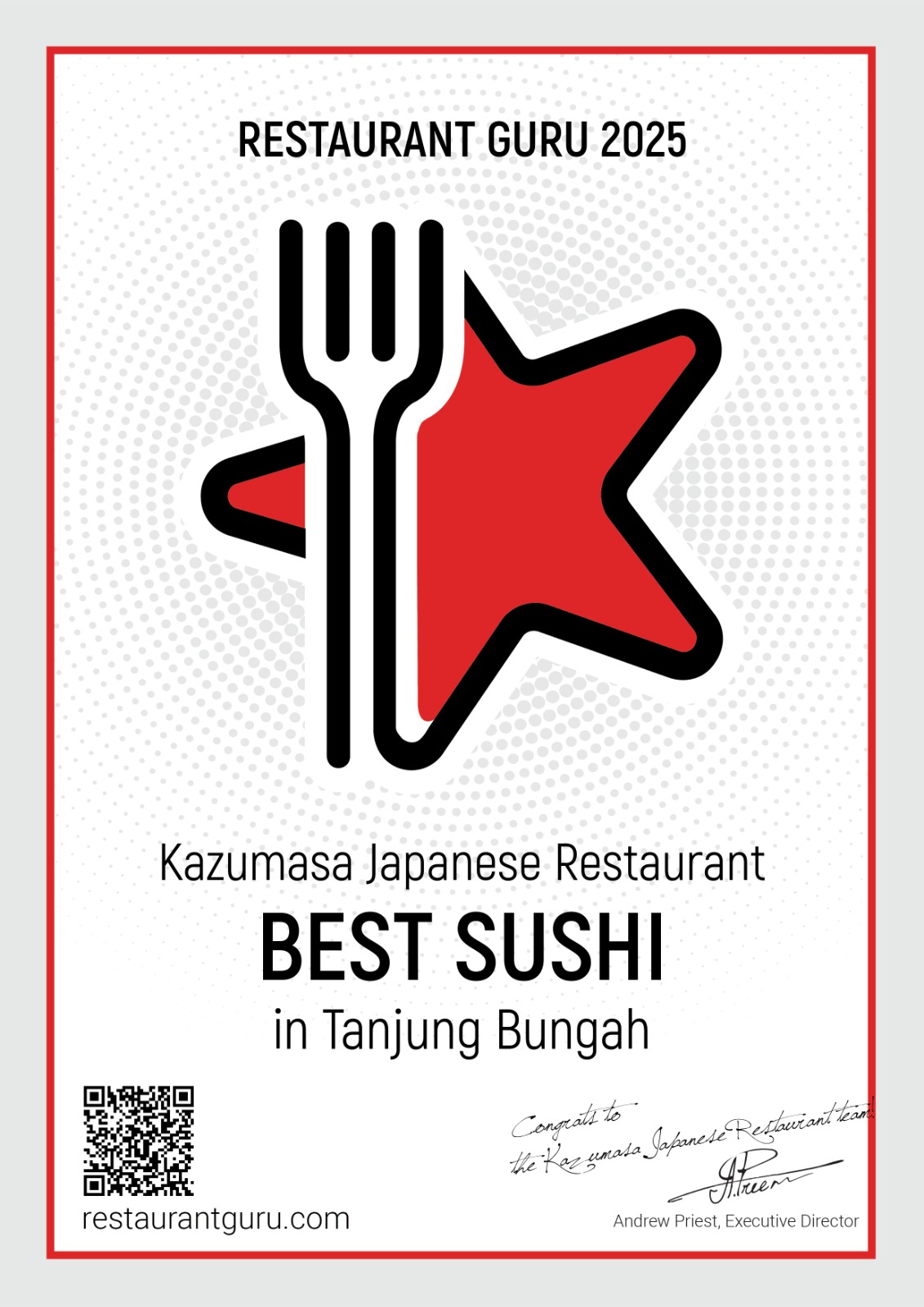 Restaurant Guru 2025 certificate: Best Sushi in Tanjung Bungah, awarded to Kazumasa Japanese Restaurant
