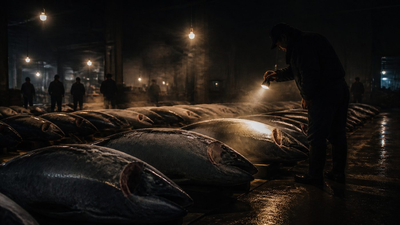 Bluefin tuna laid out on wet concrete in a Japanese wholesale fish market before dawn