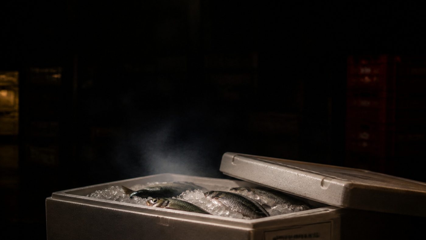 A polystyrene crate packed with crushed ice and whole fish, ready for air freight